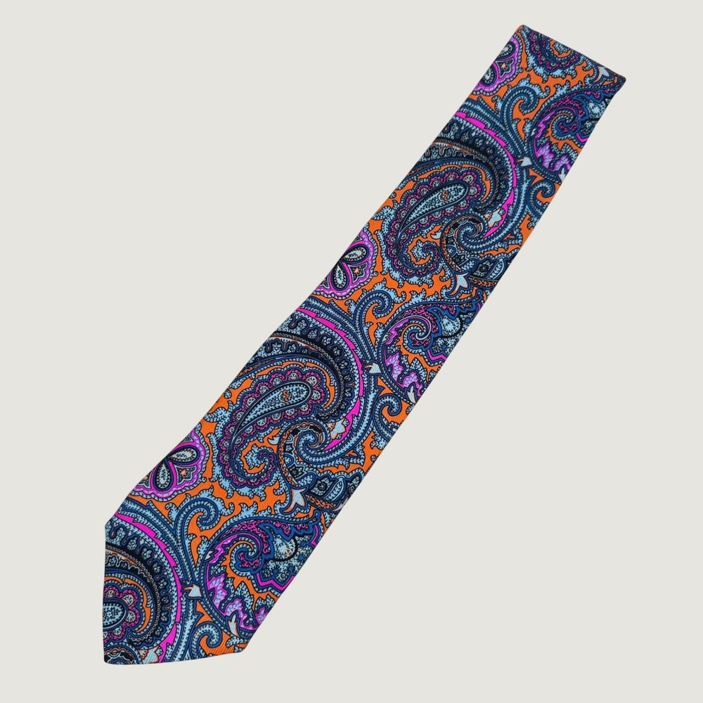 Seaward & Stearn London Mens Paisley Silk Tie Handmade in England Orange Blue